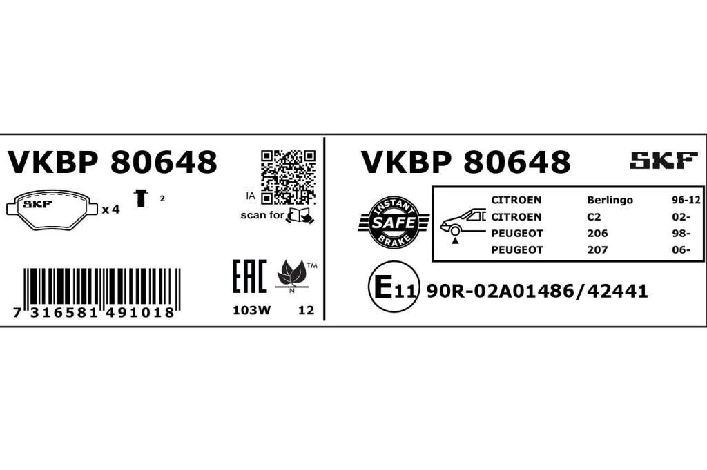 Jogo de 4 pastilhas de travão SKF ref. VKBP 80648